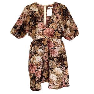 BaeVely Brown Floral Jacquard Puff Sleeve Mini Cutout Dress Size Medium Romantic